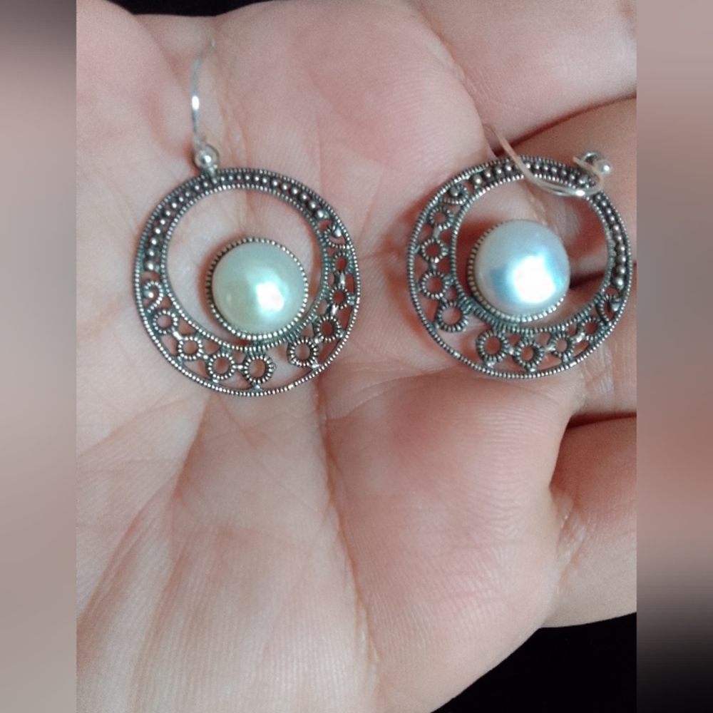 Vintage Sterling Silver Earrings With Real pearl